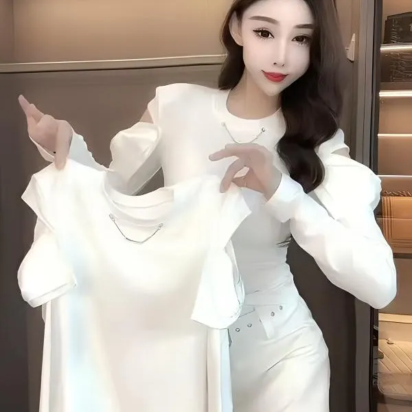 蝴蝶结垫肩上衣春秋春游新款小众露肩洋气修身显瘦气质长袖女T恤