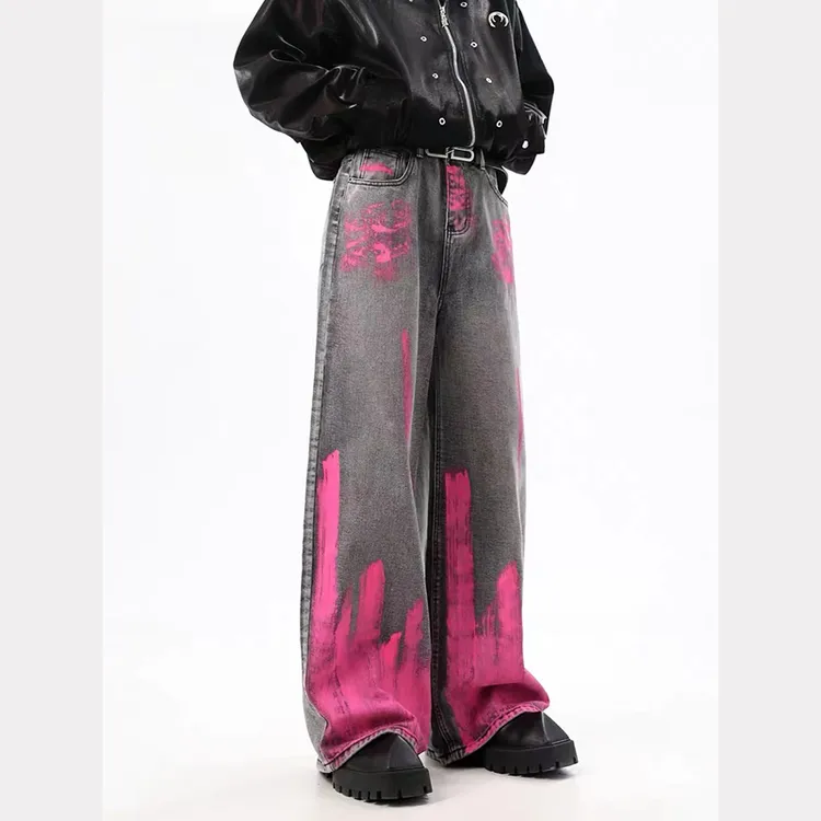 美式vibe复古废土风涂鸦牛仔裤女秋冬季新款高腰显瘦拖地阔腿长裤