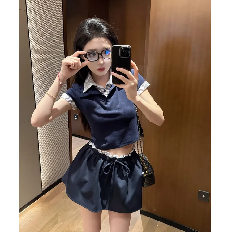 学院风高级套装女夏季撞色polo领短袖T恤上衣配甜美半身裙两件套