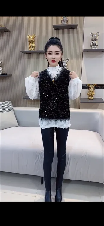 时尚减龄时尚长袖蕾丝衫休闲亮片马甲（马甲+长袖打底）