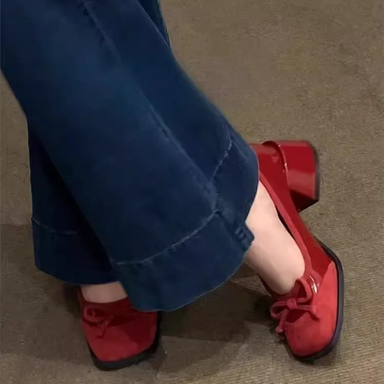 法式红色粗跟玛丽珍单鞋女2025年春夏芭蕾风蝴蝶结气质高跟鞋方头