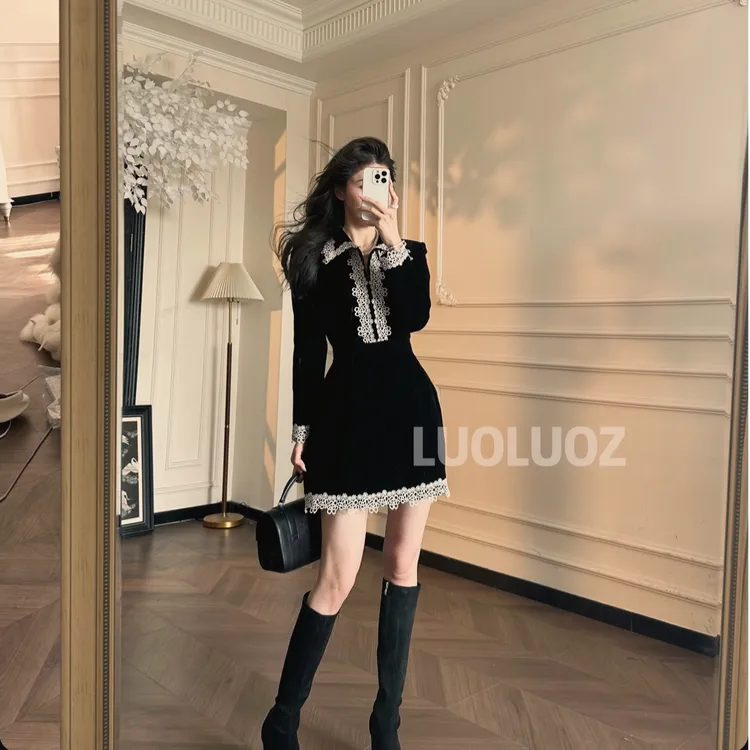 LUOLUOZ【捕梦网】高级感重工气质收腰拼接短款时尚连衣裙cc331