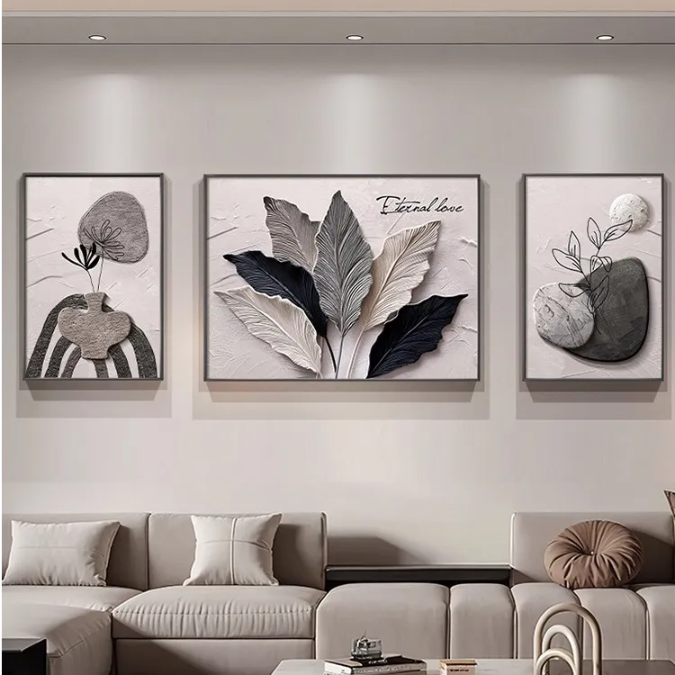 家大业大客厅大白墙装饰画砂岩肌理感沙发背景墙挂画高级感三联画