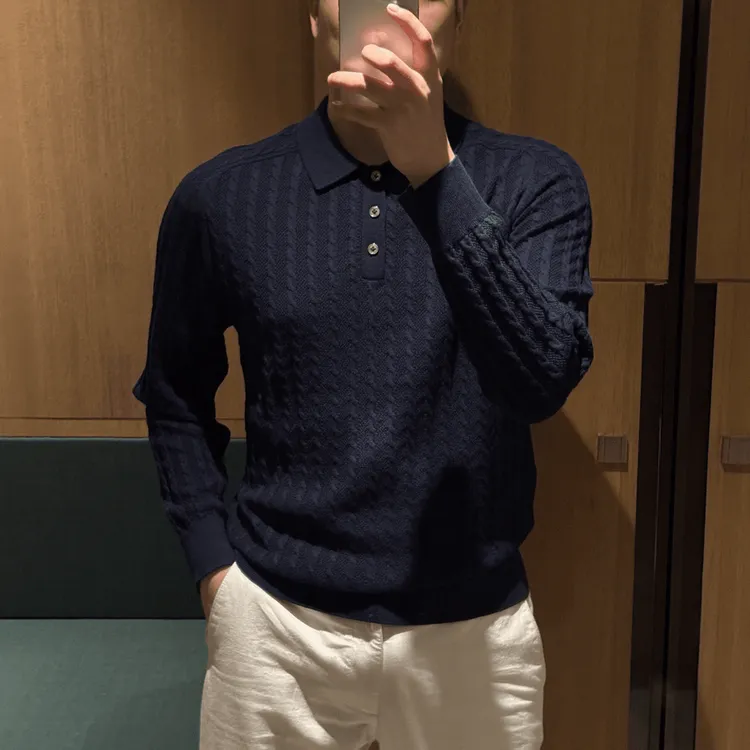 新款简约男士秋季百搭时尚舒适纯色翻领长袖polo衫潮流高级针织衫