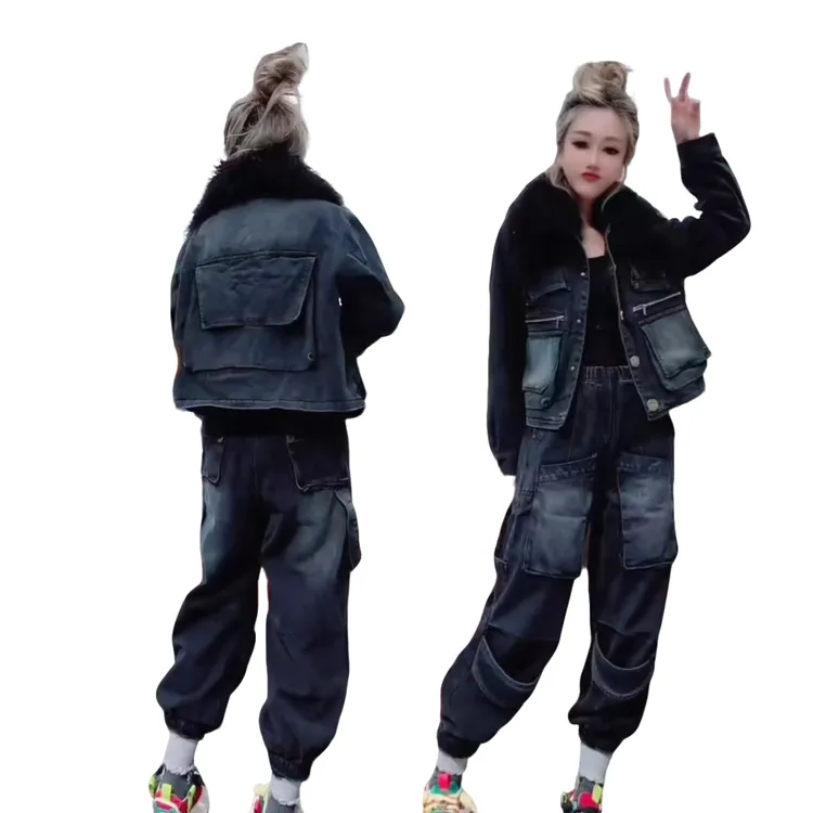 高档时尚牛仔套装女秋冬新款减龄黑色洋气百搭加棉外套休闲小脚裤