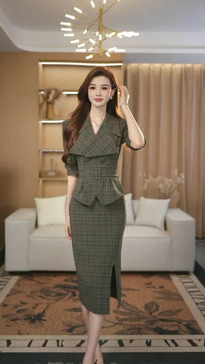 罗曼定制 高定原创格子气质名媛通勤收腰上衣+半身裙套装两件套
