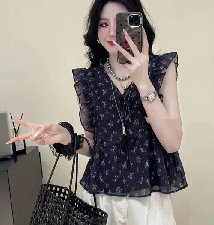 【全额运费补贴】9585韩系木耳边定制碎花小领上衣t恤显瘦印花夏季