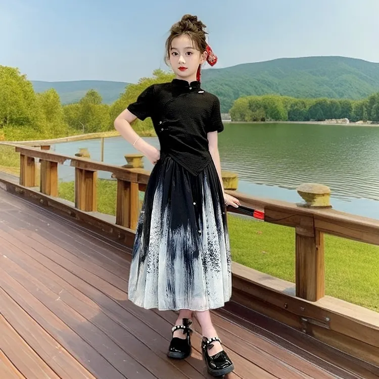 女童夏装套装新中式水墨画女孩夏季洋气国风女大童学生旗袍两件套