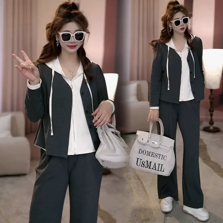 休闲运动套装女春季新款时尚洋气显瘦假两件连帽卫衣阔腿裤两件套