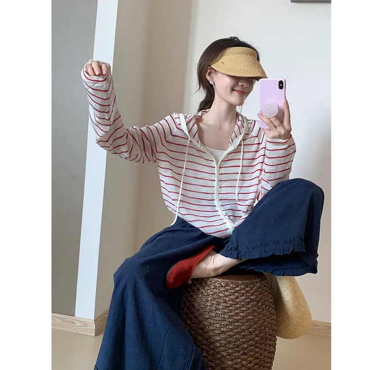 学院风减龄夏季连帽条纹防晒衫女宽松薄款外穿针织空调开衫外套潮