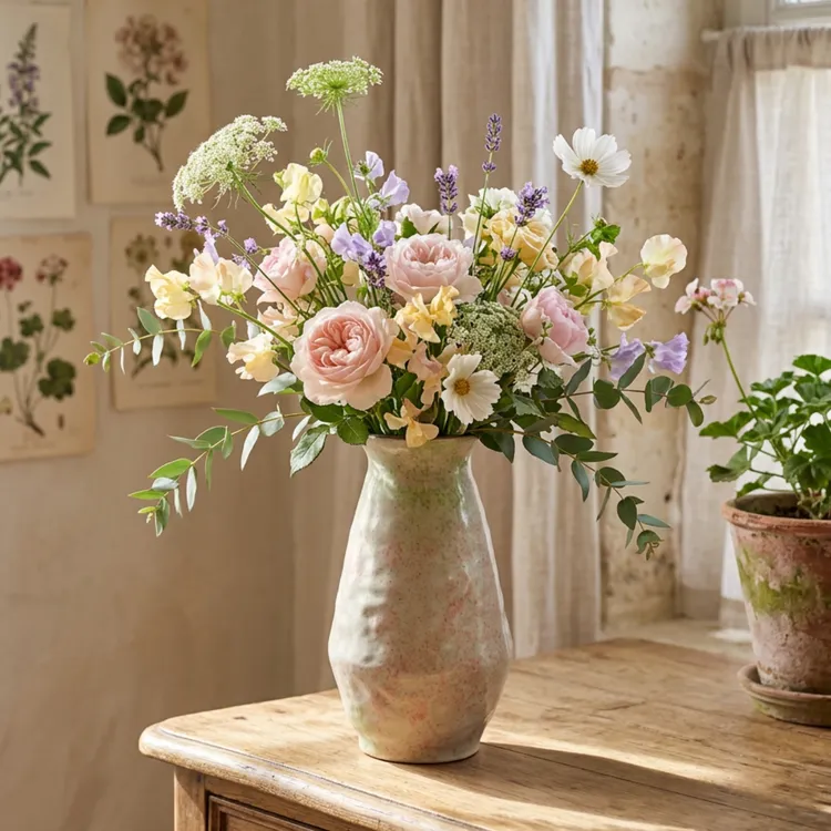 大号粉绿色陶瓷花瓶中古油画风手工水养鲜花绿植器皿永生花摆件