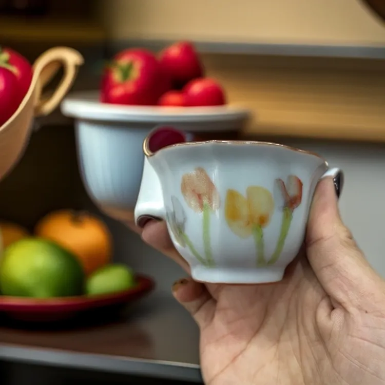 景德镇汝窑手工手绘花卉图案花口杯主人杯纵老师作品描金边开片
