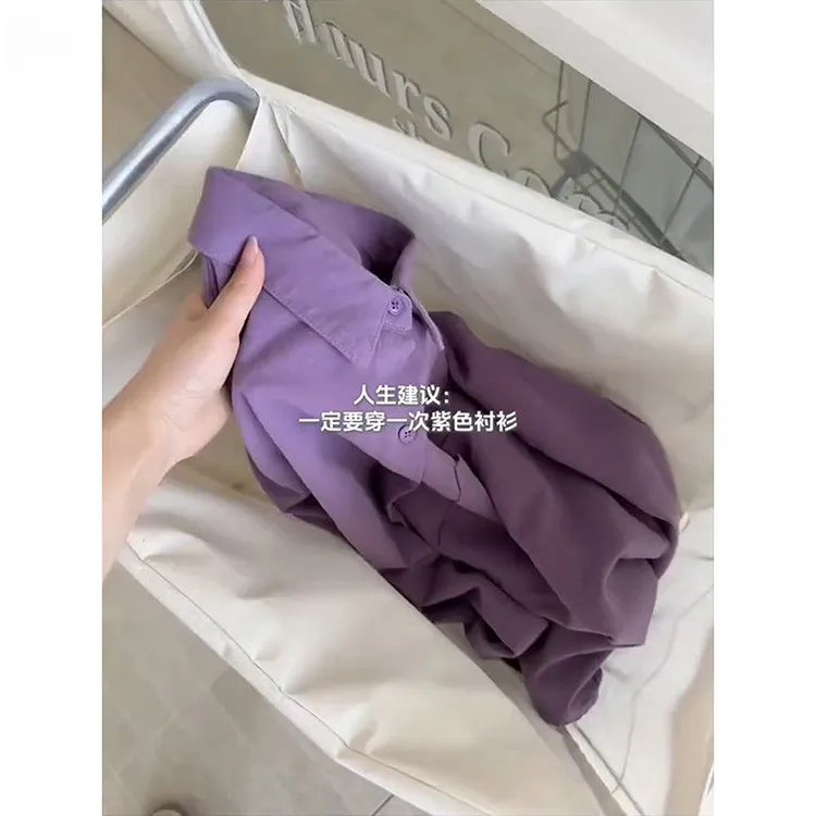 显白紫100%纯棉长袖衬衫女秋季潮牌宽松慵懒风外套松弛感情侣衬衣