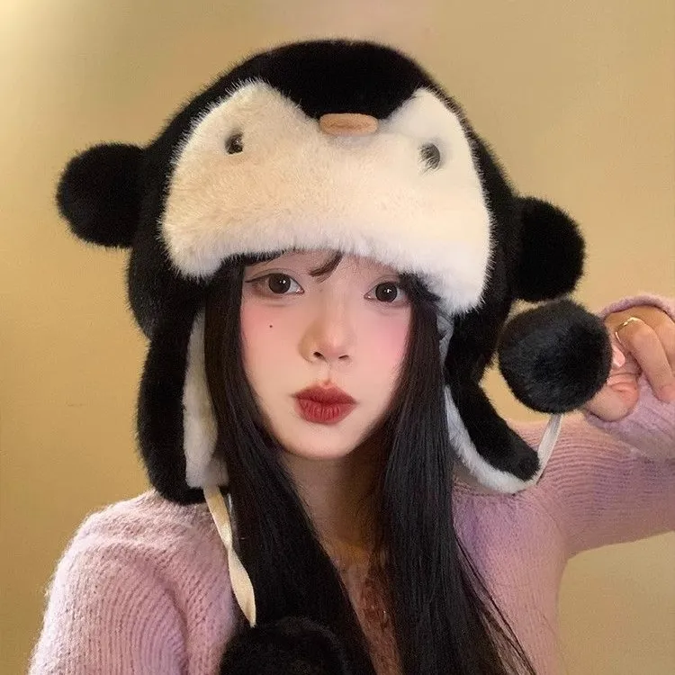 可爱企鹅毛绒帽子女秋冬防寒加厚保暖护耳雷锋帽显脸小骑车滑雪帽