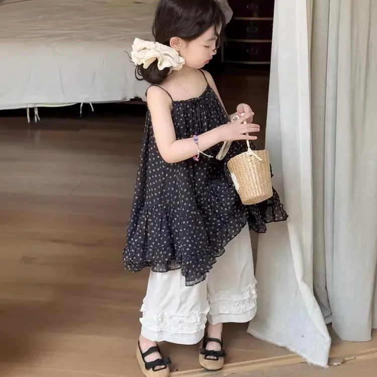 女童夏季韩版法式气质宽松无袖碎花吊带裙洋气蕾丝边阔腿裤两件套
