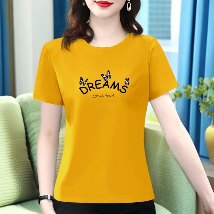纯棉短袖女款显瘦圆领印花上衣女士妈妈装夏装休闲装t恤洋气衣服
