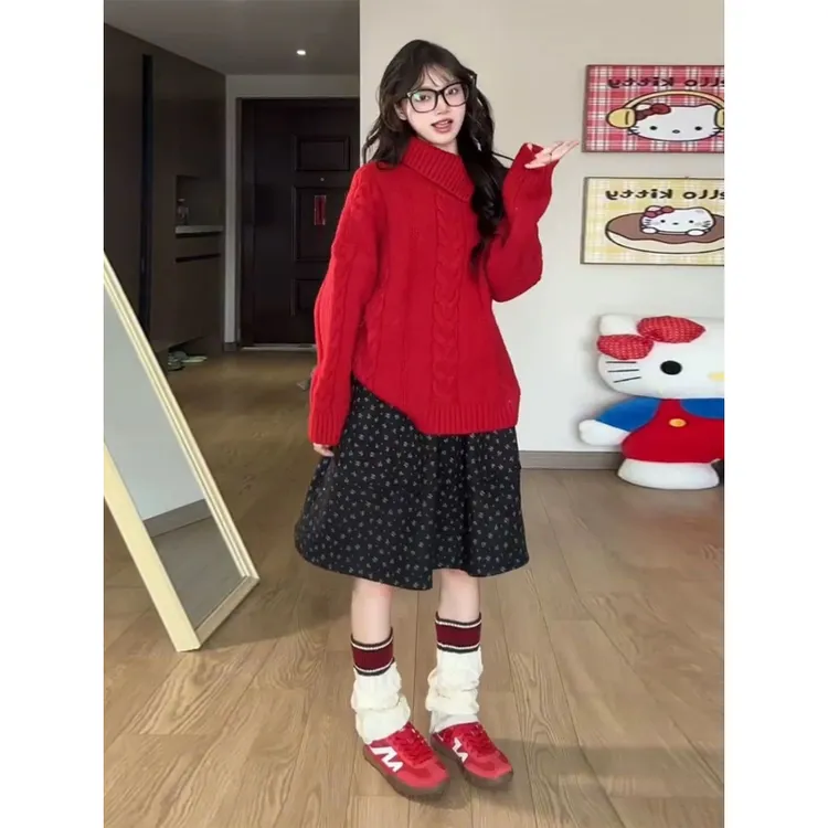 圣诞节氛围感红色麻花毛衣上衣女2025秋冬新款慵懒风翻领毛针织衫