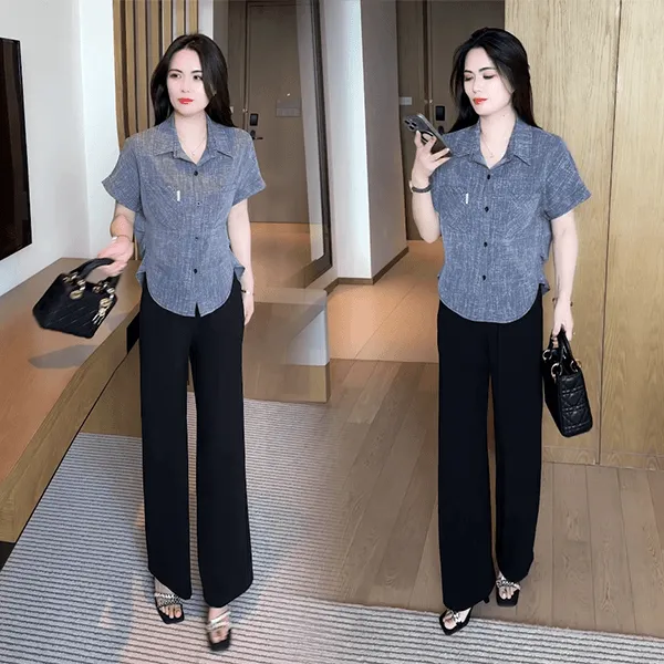 复古港风时尚套装女2025夏季新款小个子短袖衬衫阔腿裤休闲两件套
