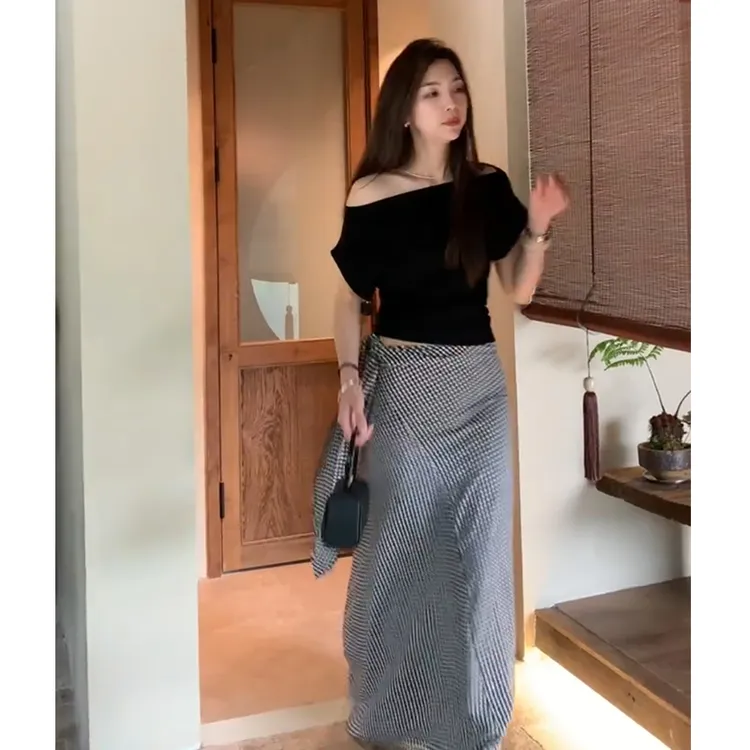 夏季中长款法式复古黑白格子半身裙女松紧腰显瘦绑带包臀a字长裙