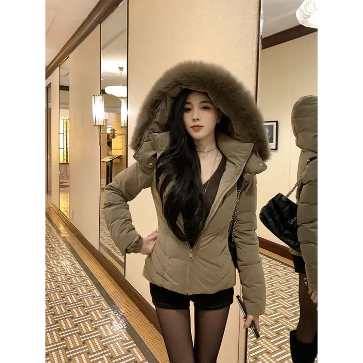 卡其色连帽修身短款收腰短棉服女冬季可拆卸大毛领小个子加厚外套