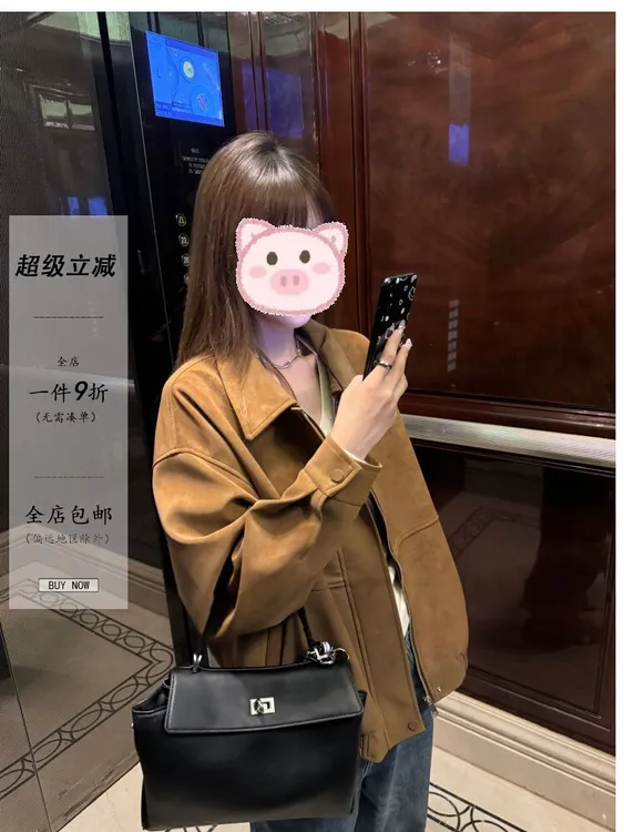 复古麂皮夹克女春秋 美式宽松翻领休闲百搭显瘦外套上衣253724