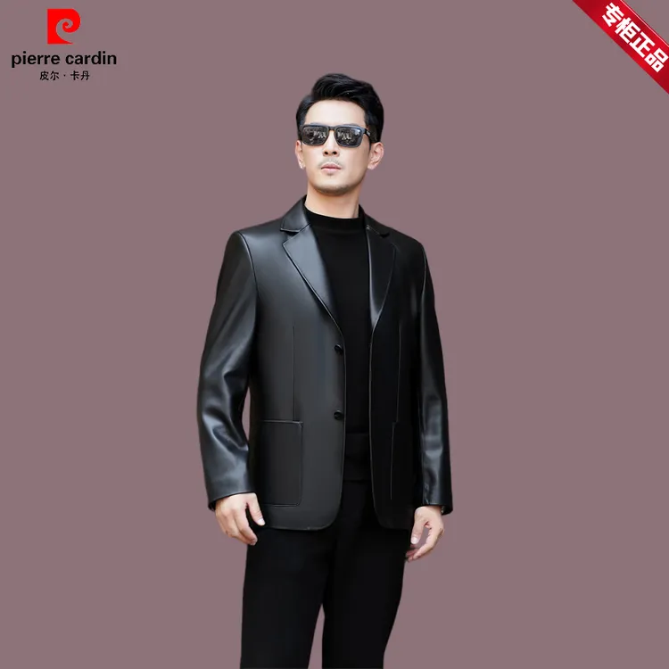 【皮尔卡丹】真皮西装春季新款高档绵羊皮时尚修身韩版真皮外套皮衣