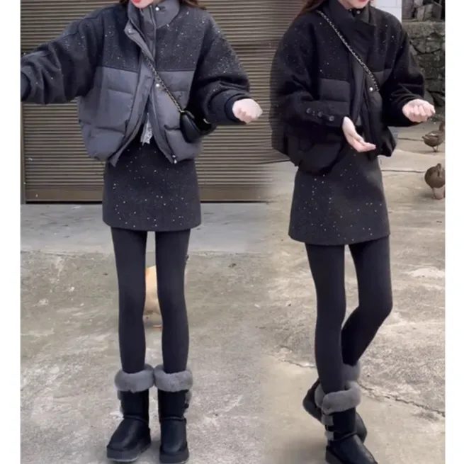 时尚立领外套棉服拼接短款冬季保暖显瘦烫气质棉衣钻小个子洋女士