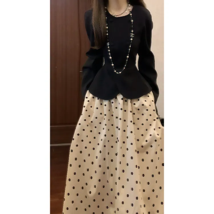 法式复古典雅收腰羊腿袖外套+波尔卡圆点半身长裙两件套装9826