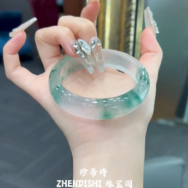 天然冰种独龙玉手镯高冰飘花玉手镯绿色非洲翠玉手镯女正品送礼物
