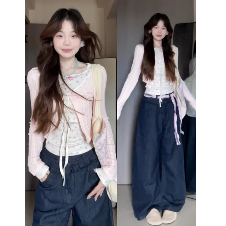 韩系甜美碎花假两件针织开衫女早初秋季2025新款绝美短款修身上衣
