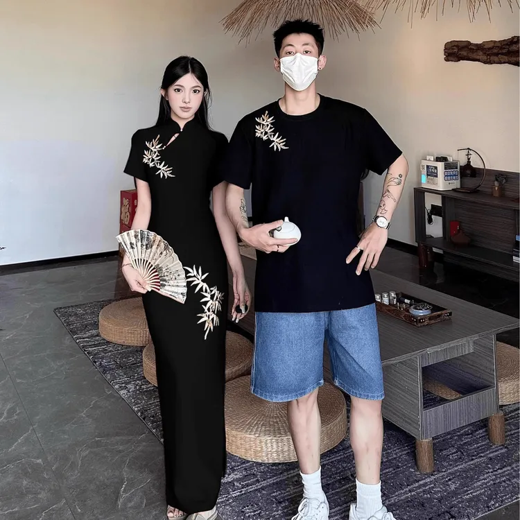 新中式情侣装夏季国风金竹刺绣黑色改良女款旗袍连衣裙男短袖T恤