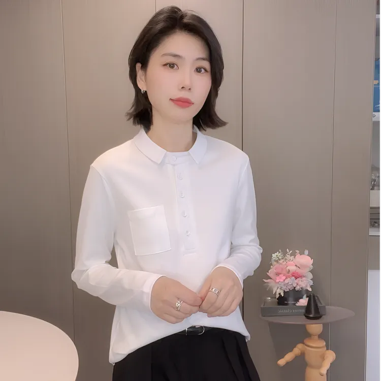 翻领长袖T恤女2025秋季新款休闲T恤显瘦气质百搭POLO衫上衣