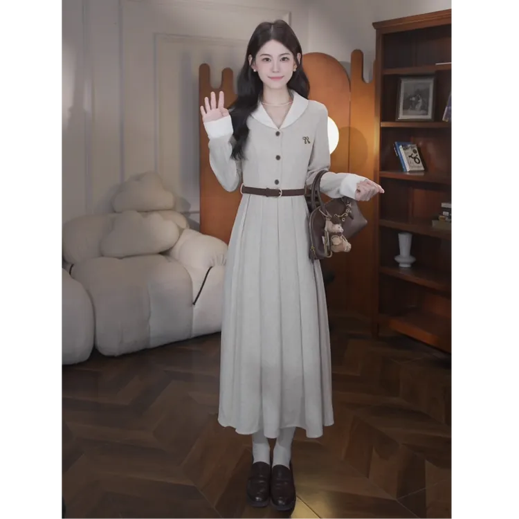 鹿向南【金秘书】法式通勤假两件撞色设计感气质中长款连衣裙女