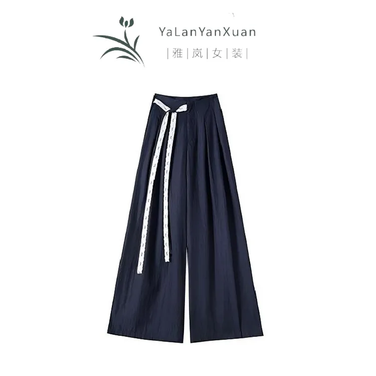【雅岚女装】时尚洋气显瘦蕾丝飘带阔腿裤休闲春季新款冰棉高腰宽松