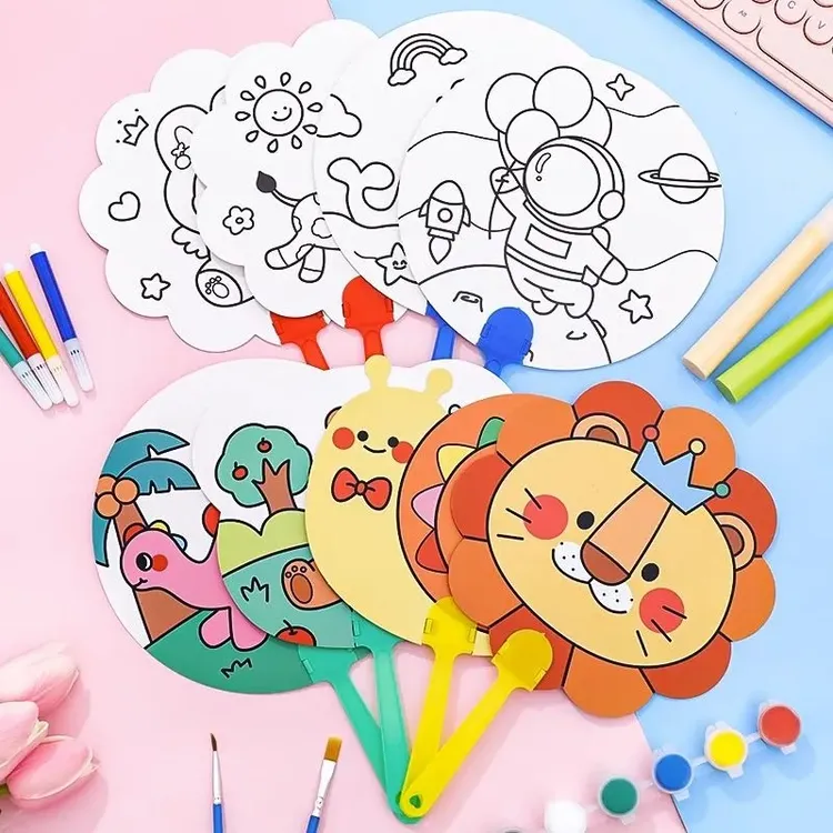 卡通diy涂鸦扇子儿童可爱手绘空白小扇子幼儿园涂色绘画塑料圆扇