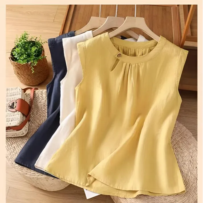 漂亮独特小飞袖背心女夏季时尚气质减龄套头小衫复古黄色无袖上衣