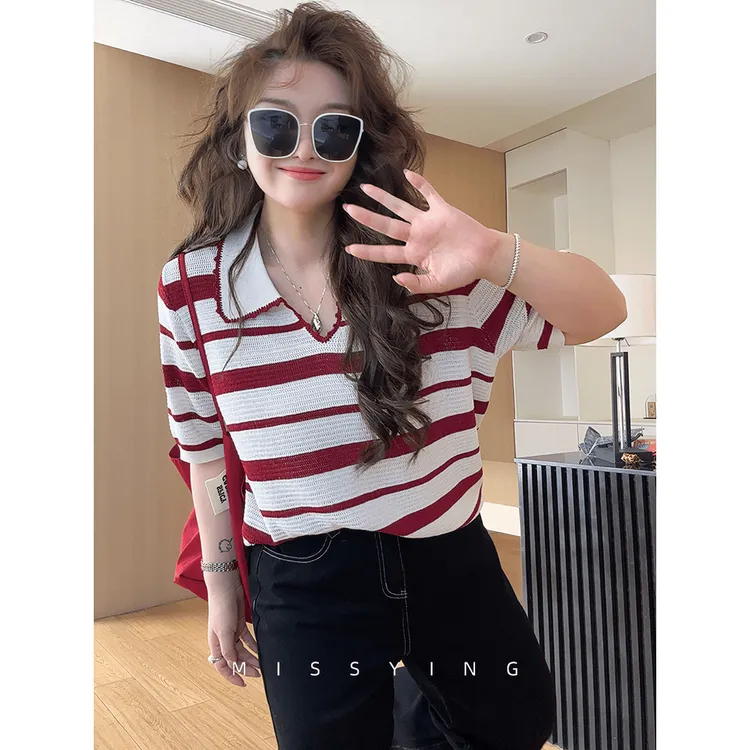 【春川假日】微胖大码韩系时尚宽松休闲简约条纹显瘦短袖T恤女上衣