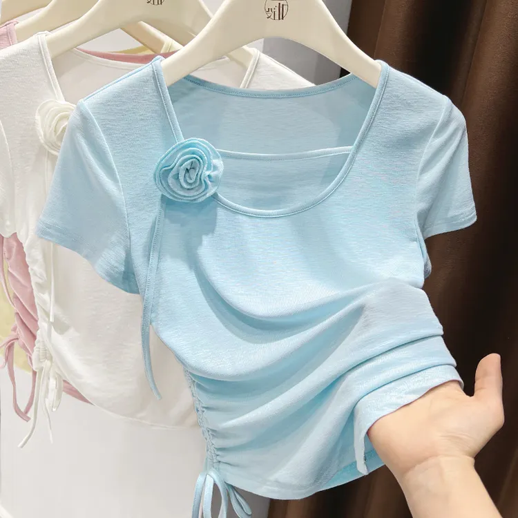 蓝色正肩大U领针织短袖T恤夏季薄款韩版抽绳下摆花朵上衣修身打底
