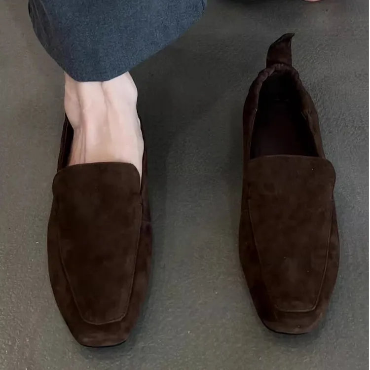 羊皮版~复古方头平底单鞋春秋新款休闲懒人豆豆鞋一脚蹬乐福皮鞋