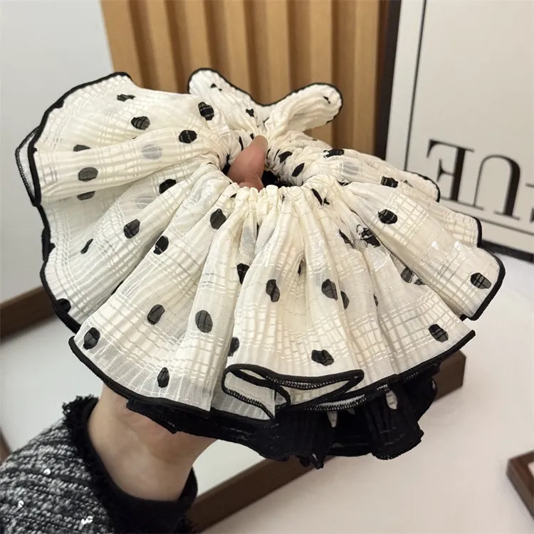 韩版简约气质甜美布艺大朵波点头花优雅双层褶皱女性扎发圈