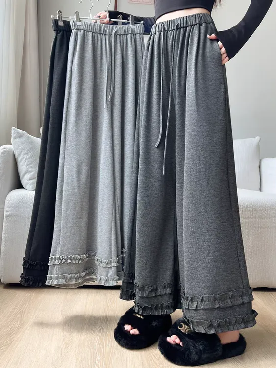 复古木耳花边软糯休闲裤女秋季慵懒风垂感高腰阔腿裤小个子九分裤