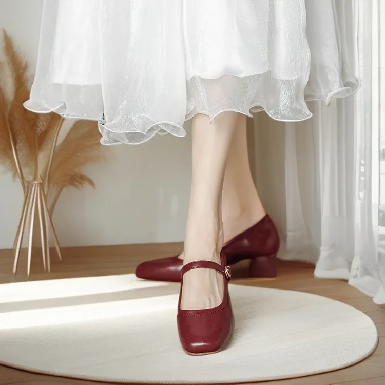 秋冬新品粗跟玛丽珍时尚气质百搭新娘伴娘结婚一字带软皮红色跟鞋