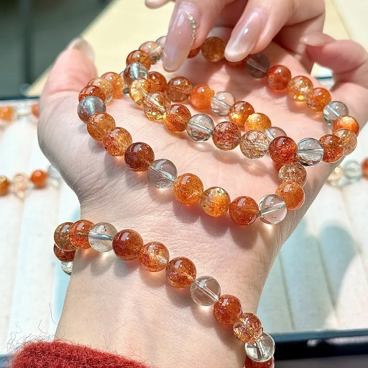 天然阿鲁沙手链彩色金沙太阳长石共生手串收藏级日光石多样性发一