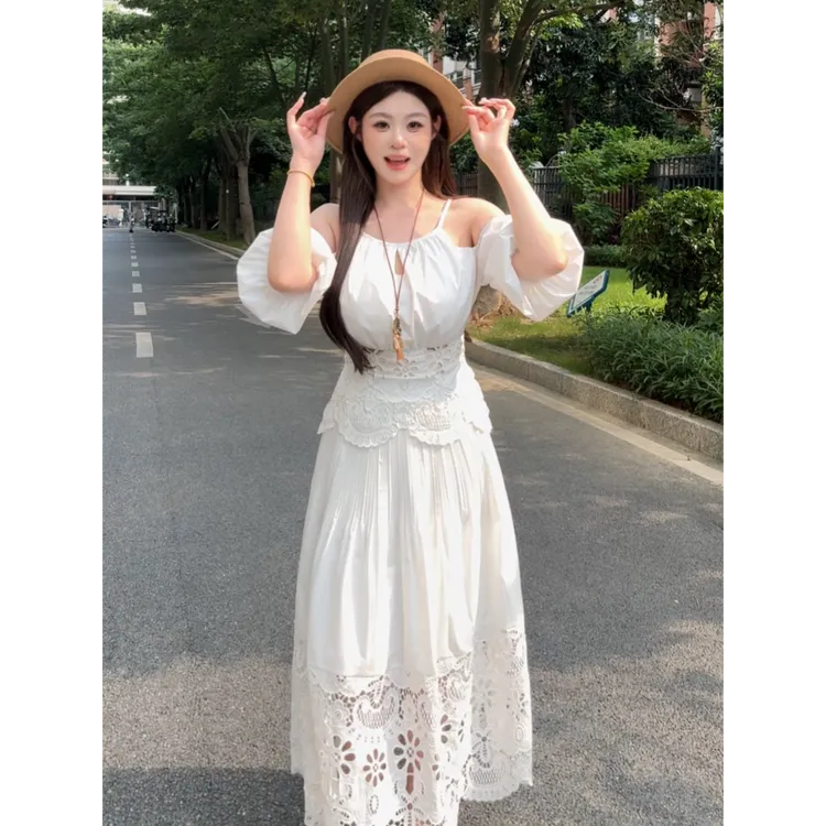 大码女装重工轻奢蕾丝镂空挂脖露肩上衣洋气半身裙套装12388