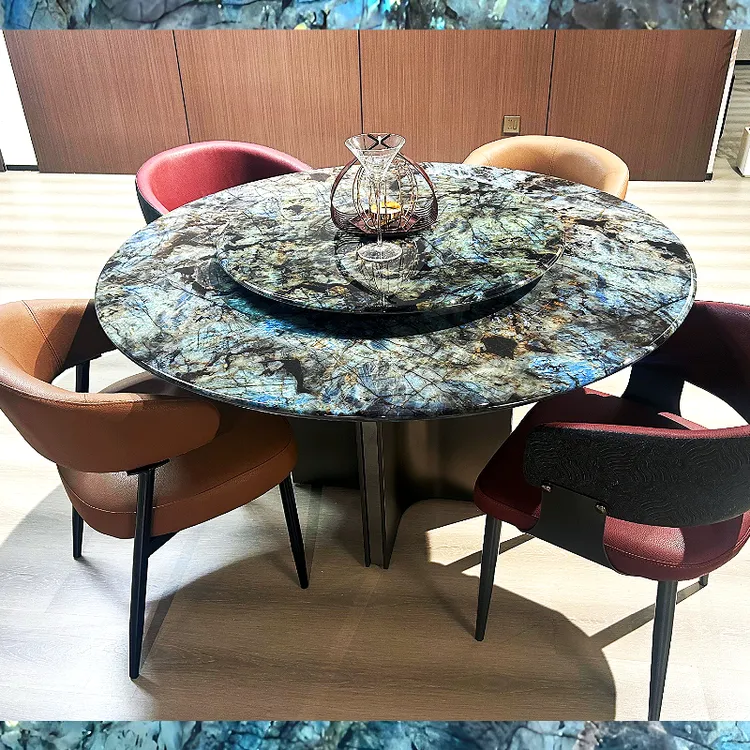 蓝翡翠天然大理石餐桌【不锈钢奔驰底座】带电动圆形转盘买桌赠枕头