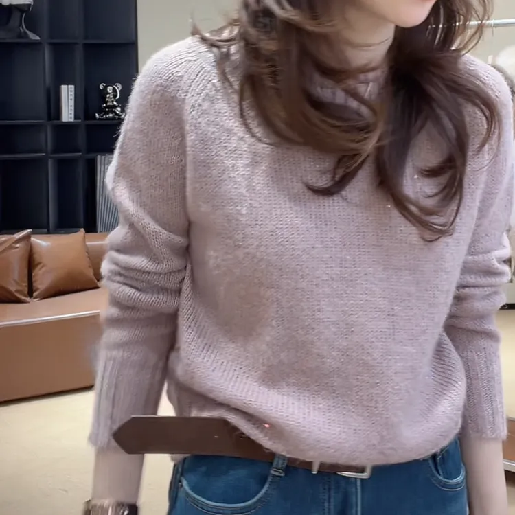 韩版气质小香风亮片混纺毛衣女冬季新款设计师圆领保暖长袖针织衫