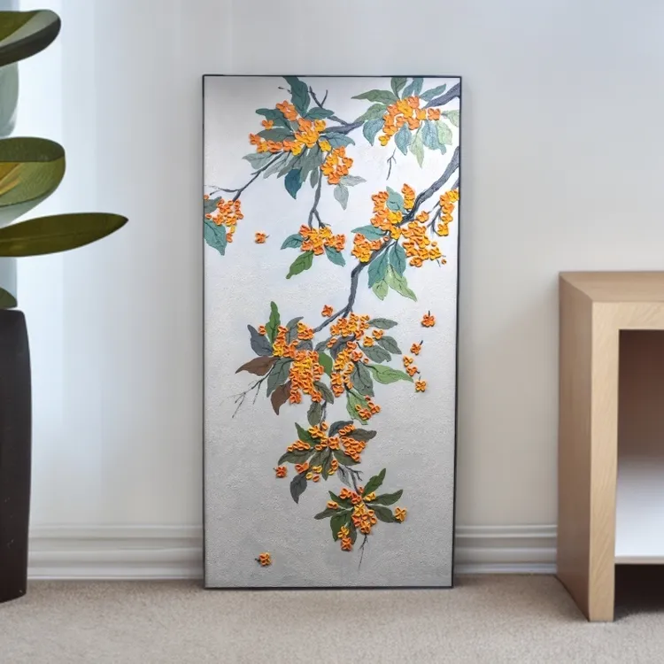 新中式黄色桂花竖版客厅玄关装饰画餐厅酒店肌理感挂画Y033