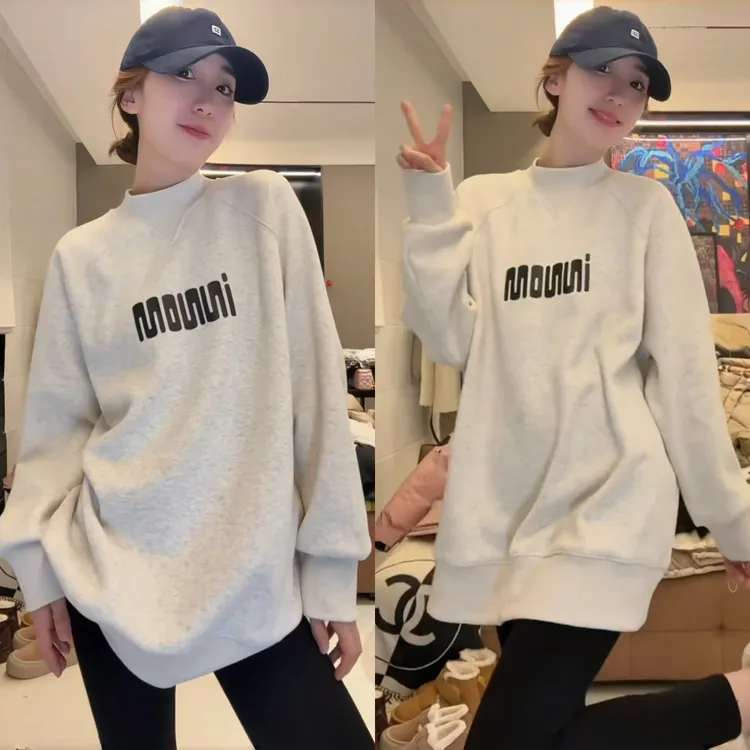 穿出女神范~时尚字母印花加厚长袖卫衣女冬季半高领中长款上衣ins
