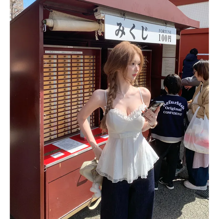 【初恋白月光】甜美吊带背心女夏设计感蝴蝶结收腰无袖上衣配牛仔裤