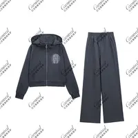 新款宽松重工烫钻设计拉链休闲百搭长袖连帽宽松休闲套装J5819#